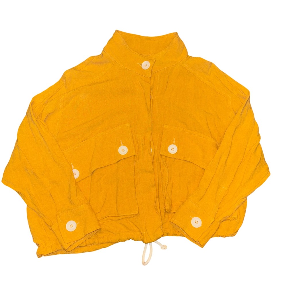 DÈLUC‎ Yellow Button Up Crop Jacket XS Drawstring Lightweight Cotton Blend